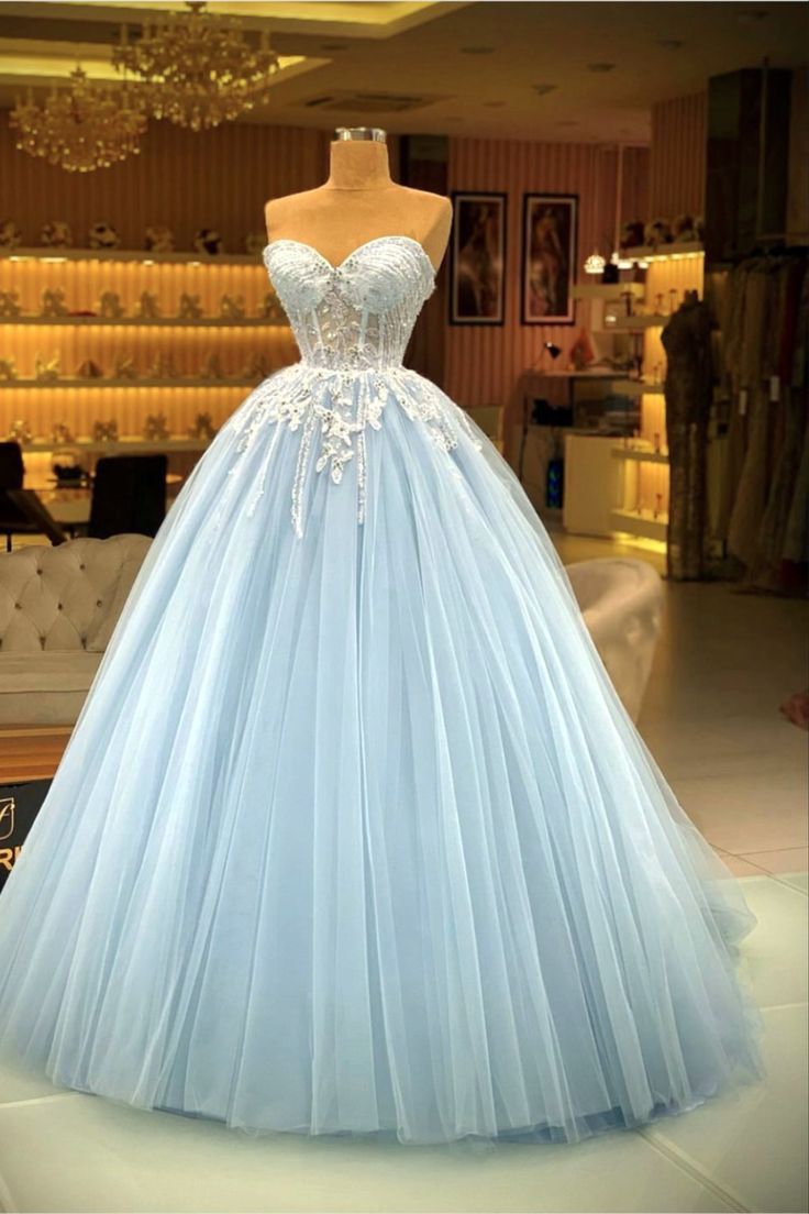 Baby Blue Ball Gown Baby Blue Quince Dresses, Baby Blue Ball Gown, Sweet 16 Dresses Blue, 15 Birthday Dresses, Prom Dresses With Lace, Baby Blue Prom Dresses, Corset Ball Gowns, Blue Ball Gown, Ball Gown Prom Dresses