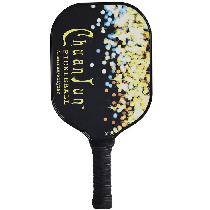 a black paddle with yellow and blue sprinkles on the back of it