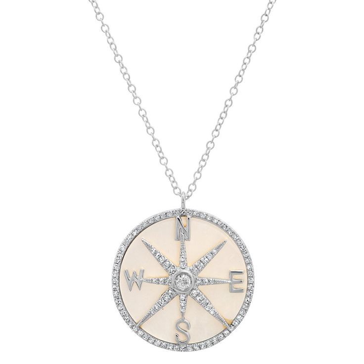 Mother of Pearl and Diamonds Compass Necklace Spiritual White Gold Necklaces With Polished Finish, Fine Jewelry White Medallion, White Medallion Fine Jewelry, Engraved Sterling Silver Necklace In Diamond White, White Gold Compass Medallion Jewelry, White Sterling Silver Amulet Necklace, White Gold Compass Design Round Pendant Necklace, White Gold Compass Design Medallion Jewelry, Symbolic White Gold Medallion Necklace