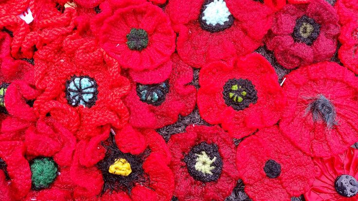 red and black crocheted flowers are on display