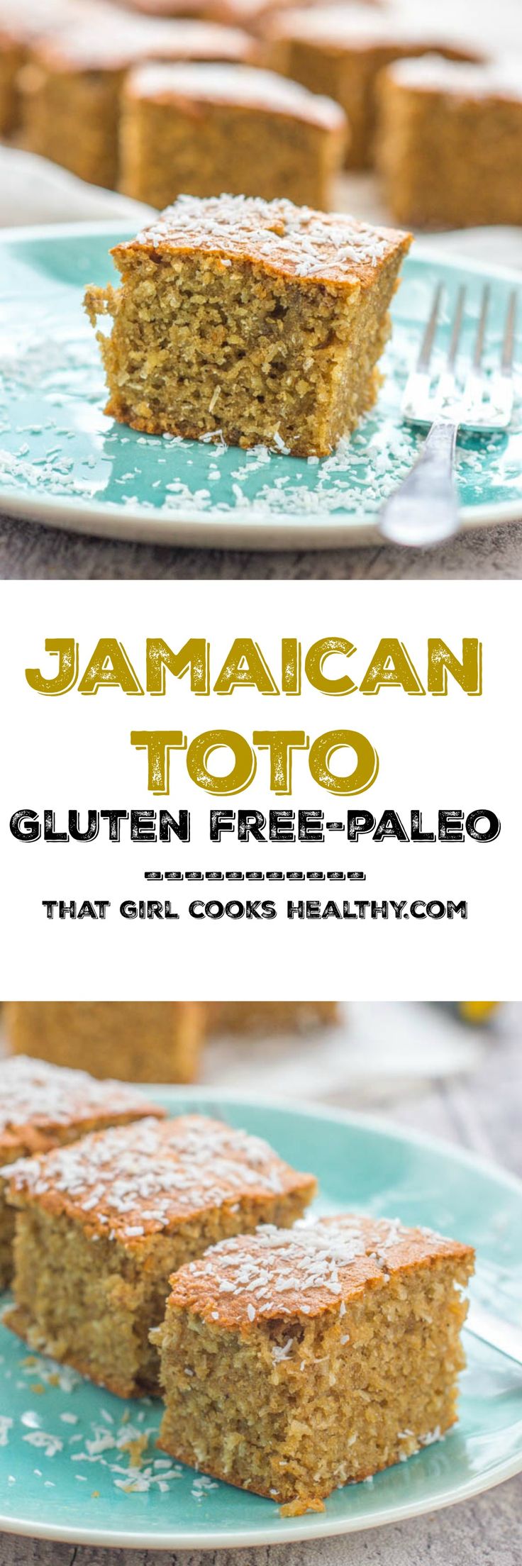 two pieces of cake sitting on top of a blue plate with the title, jamaican toto gluten free palen