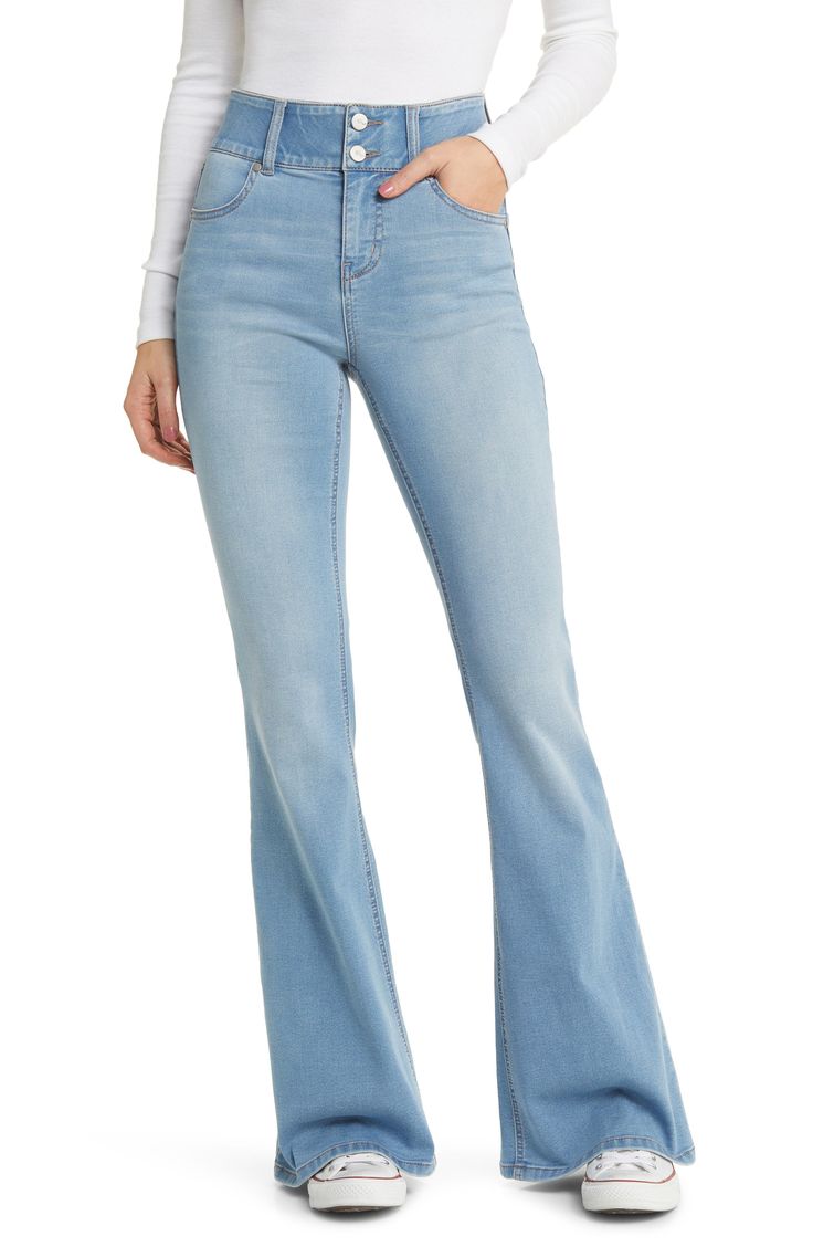 These soft and stretchy flare jeans feature a high, wide waistband with a shapewear effect that comfortably contours your natural silhouette. 34" inseam; 23" leg opening; 10 1/2" front rise; 15" back rise 51% cotton, 26% polyester, 22% rayon, 1% spandex Machine wash, tumble dry Imported Stretch High Rise Casual Flares, Casual Stretch High Rise Flares, Stretch High-rise Casual Flares, Casual Stretch High-rise Flares, Stretch High Rise Medium Wash Flares, Medium Wash High Waist Stretch Flare Jeans, High Rise Medium Wash Fitted Flares, High Waist Stretch Flare Jeans In Medium Wash, Light Wash High Waist Fitted Flares