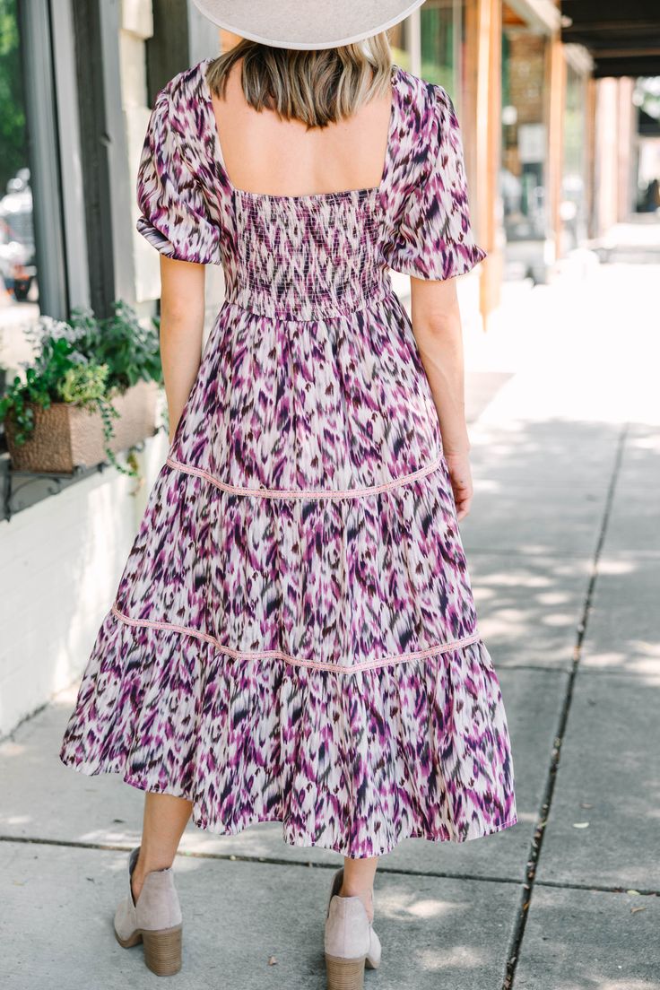 It's time that you take a look at this fabulous midi dress! That abstract print is so much fun and we love those colors! This beauty also has really cute crochet trimming! This midi dress is going to look so good with booties this fall! This midi dress features a v-neck, short sleeves, an abstract print, smocked back, and a crochet trim detail. Material has no amount of stretch however the smocking extends the bust.Cam is wearing the small. Crochet Trimming, Mint Julep Boutique, Purple Abstract, Medium Purple, Crochet Trim, Trim Detail, Cute Crochet, Abstract Print, Off Shoulder Dress