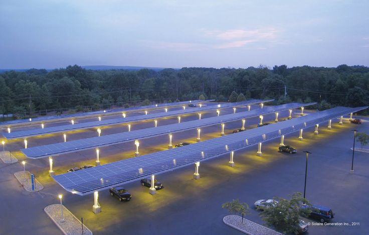 an overhead view of a parking lot with solar panels