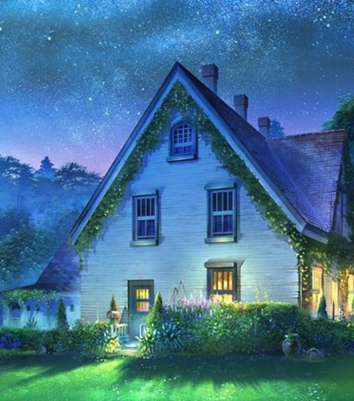 a painting of a house in the night with stars and lights on it's roof