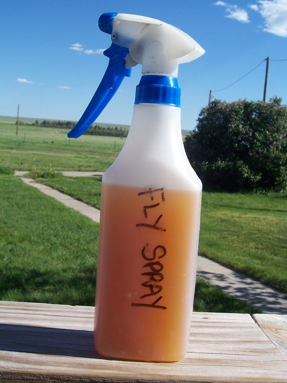 a spray bottle sitting on top of a wooden table in front of a grassy field