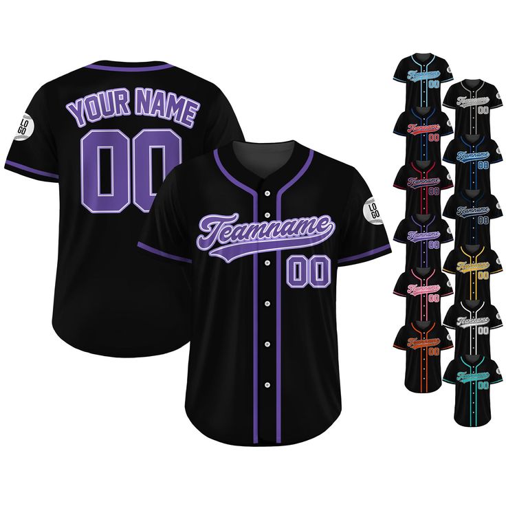 custom baseball jersey with your name and number on the front in purple, blue, green, black