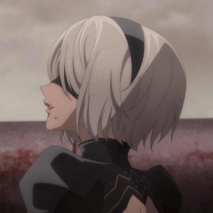 an anime character with white hair and black outfit looking at something in the distance on a cloudy day