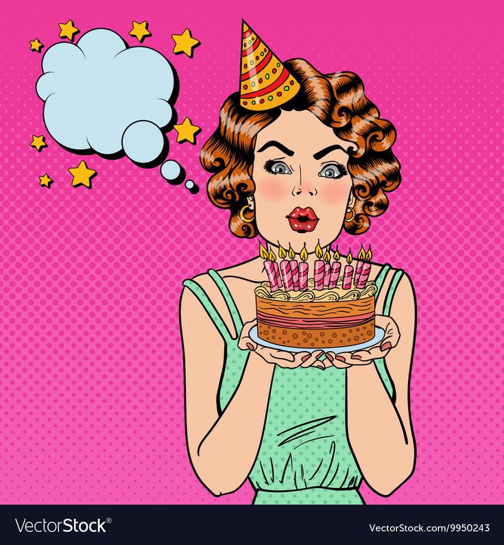 a woman blowing out candles on her birthday cake with thought bubble above her head in pop art comic style