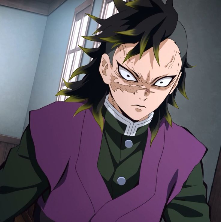 an anime character with black hair and green eyes looking at the camera while standing in front of a window