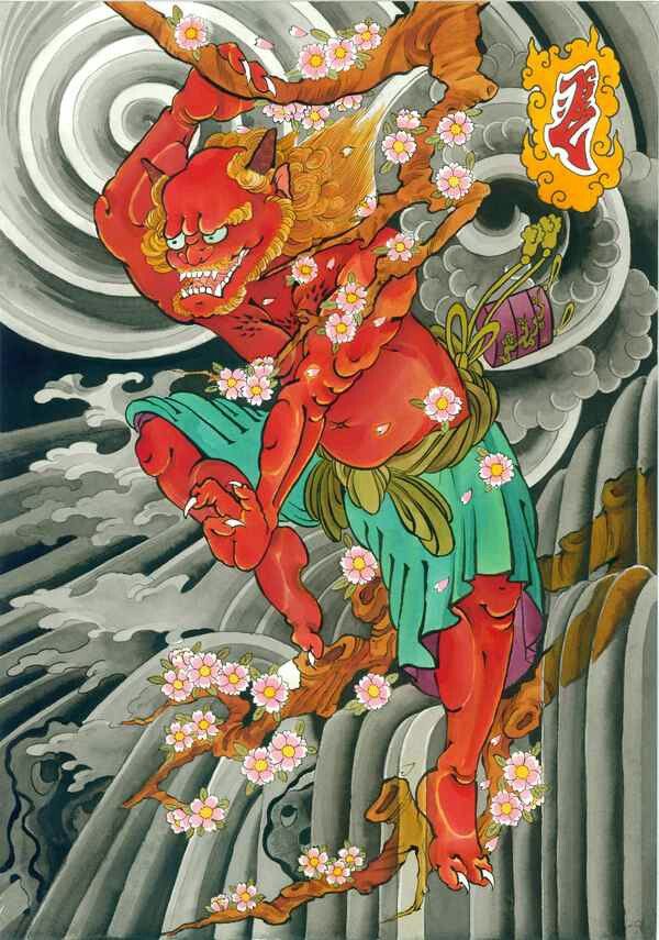 an image of a demon with flowers on it's chest and arms in the air