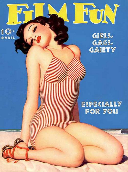 an old fashion magazine cover shows a woman in a bathing suit sitting on the beach