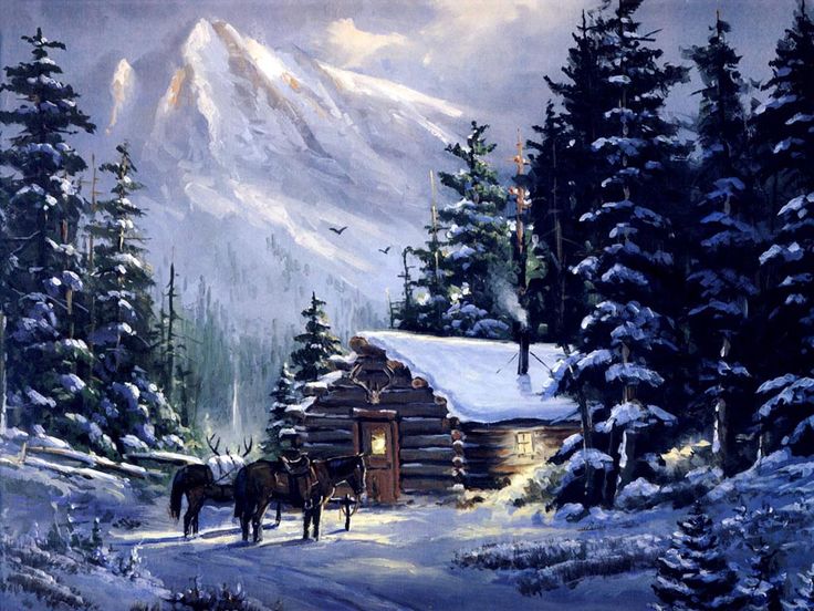 a painting of two horses pulling a log cabin in the snow