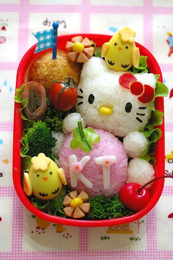 a hello kitty bento box filled with food