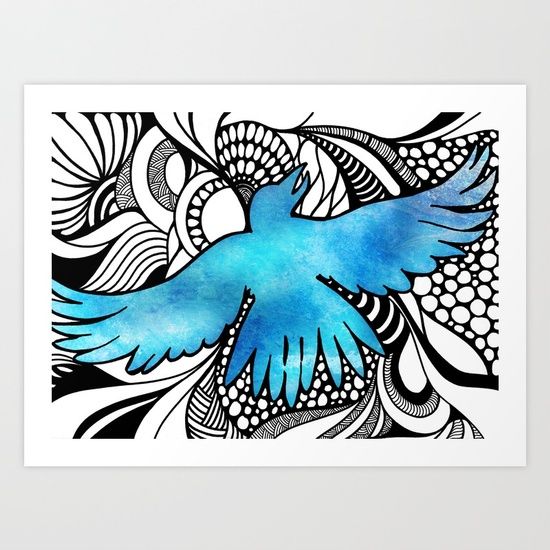 a blue bird flying through the air with swirls on it's wings art print