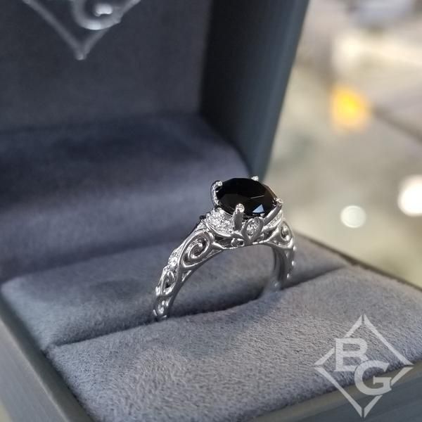 Artcarved Peyton Black Diamond Engagement Ring Featuring Scrollwork Design Black Diamond Engagement Ring, Black Diamond Engagement, Vintage Style Rings, Black Diamond Ring Engagement, Jewelry Appraisal, White Diamonds, Ring Box, Black Diamond, White Diamond