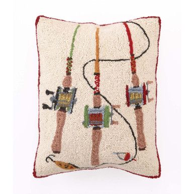 an embroidered pillow with two people on the front and one is holding a fishing rod