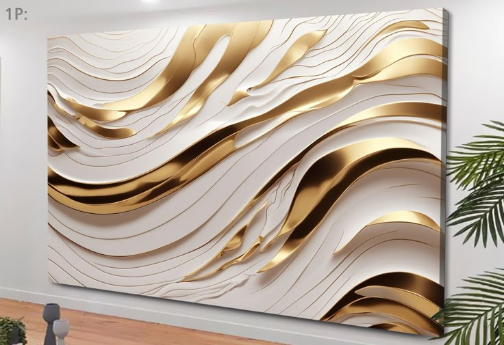 a white and gold abstract painting on the wall