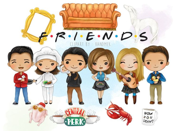 some people are standing together in front of a couch and other items that say friends