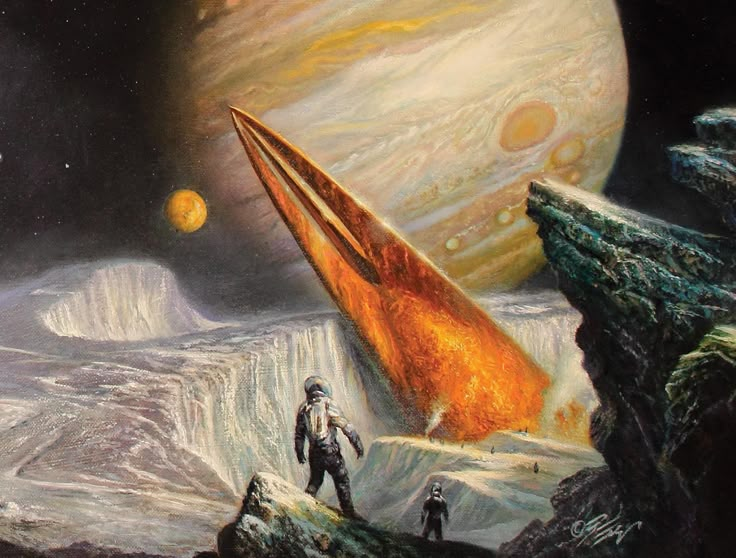 an artist's depiction of two men standing on top of a mountain looking at a giant orange object