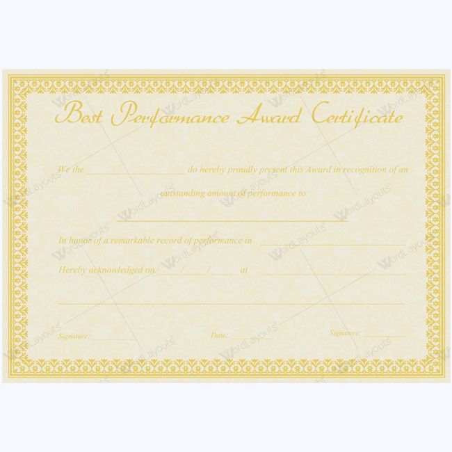 an award certificate for best performance in the competition, with gold trimming and border