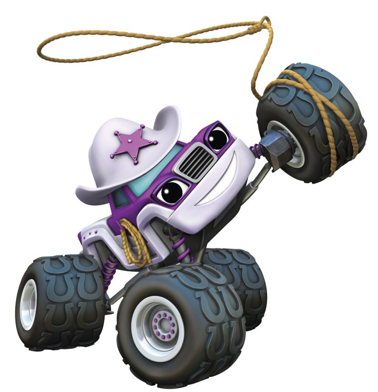 a cartoon character riding on the back of a monster truck with a rope attached to it