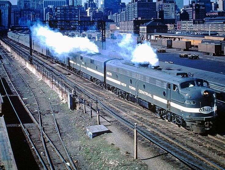 Despite its declining financial health, the New York Central maintained its flagship service to high standards until the end. Here, the "20th Century Limited" departs Chicago's LaSalle Street Station in June, 1967. Six months later the train was canceled. New York Central Railroad, Railroad Photography, New York Central, Train Cars, Old Trains, Diesel Locomotive, Financial Health, Thomas And Friends, High Standards