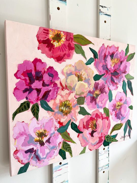 a painting with pink flowers painted on it