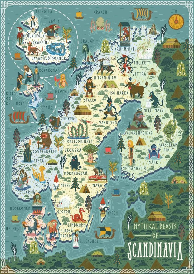 Illustrated Map Mythical Beasts of Scandinavia A3 Art Print - Etsy ...