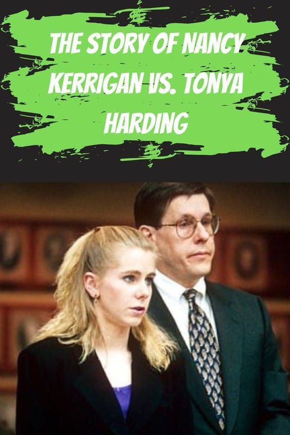 a man and woman standing next to each other in front of a green background with the words, the story of many kerigan vs tonya handling