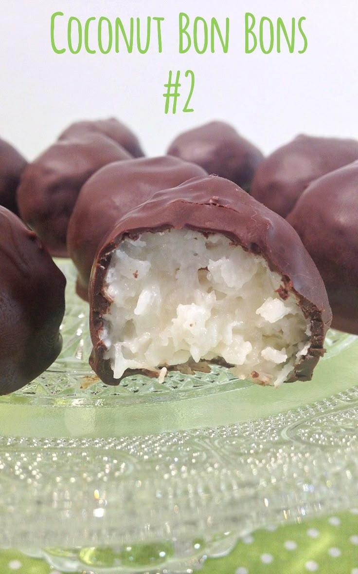 chocolate covered coconut bons on a green plate