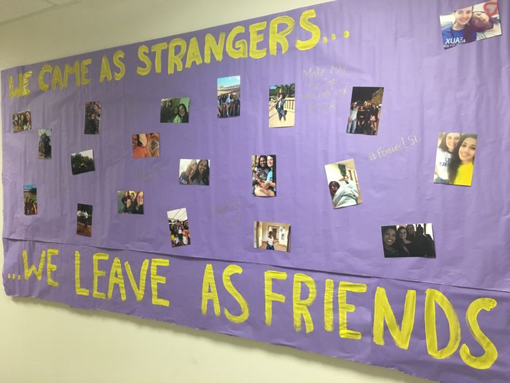 a purple bulletin board with pictures and words on it that say we leave as friends