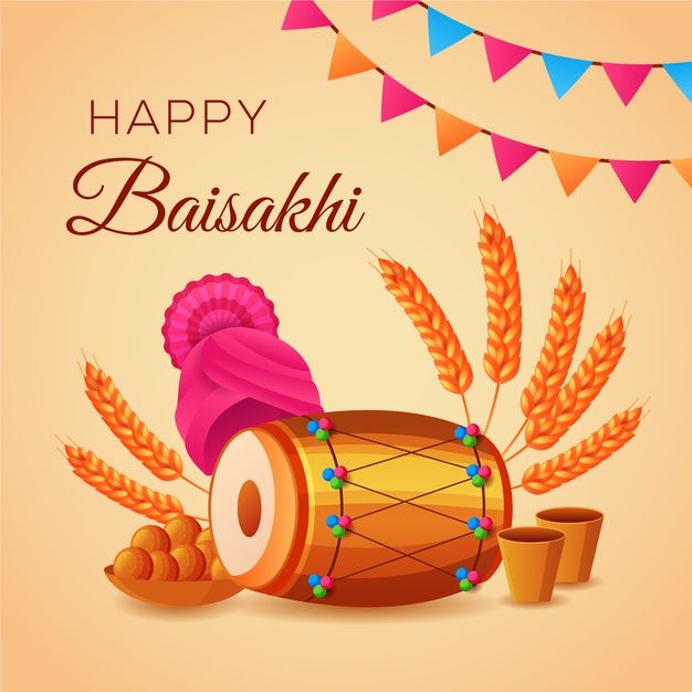 happy baisakhi greeting card with drum and wheat