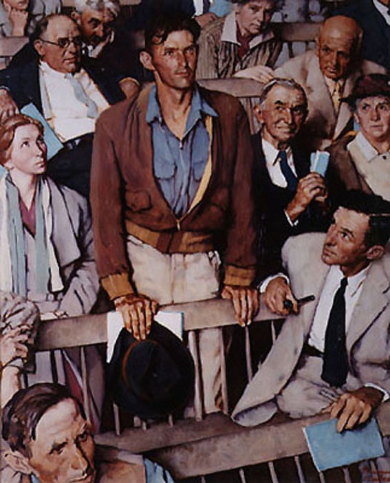 a painting of a man standing in front of a crowd