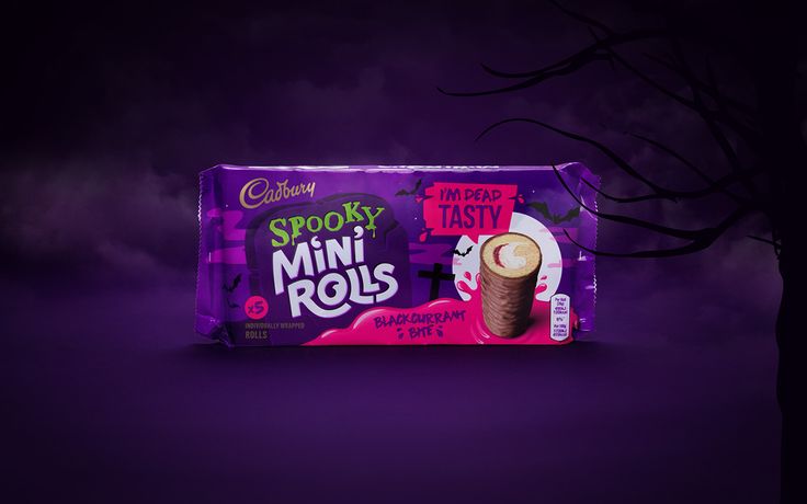 a box of spooky mini rolls on a purple background