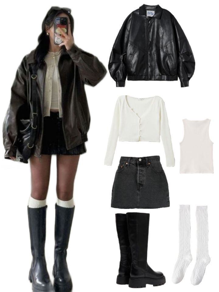 Outfit With A Leather Jacket, Back Boots Outfit, Outfit Inspo With Leather Jacket, Tank Top Jacket Outfits, Denim Skirt And Leather Jacket, Outfit Inspo With Boots, Outfits With Black Leather Boots, Leather Jacket Inspo Outfit, Layered Leather Jacket Outfit