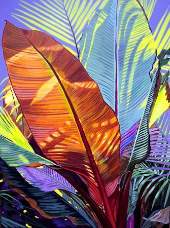 an oil painting of tropical plants and leaves