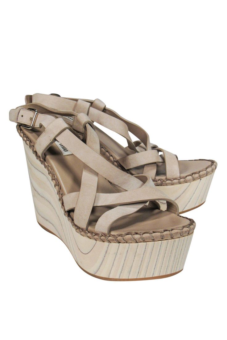 Current Boutique-Miu Miu - Taupe Grey Wood Wedge Sandals Sz 8 Miu Miu Sandals, High Heel Sandals Platform, High Fashion Branding, Prada Fashion, Army Women, Taupe Grey, Sun Dresses, Shoe Inspiration, Buy Shoes Online