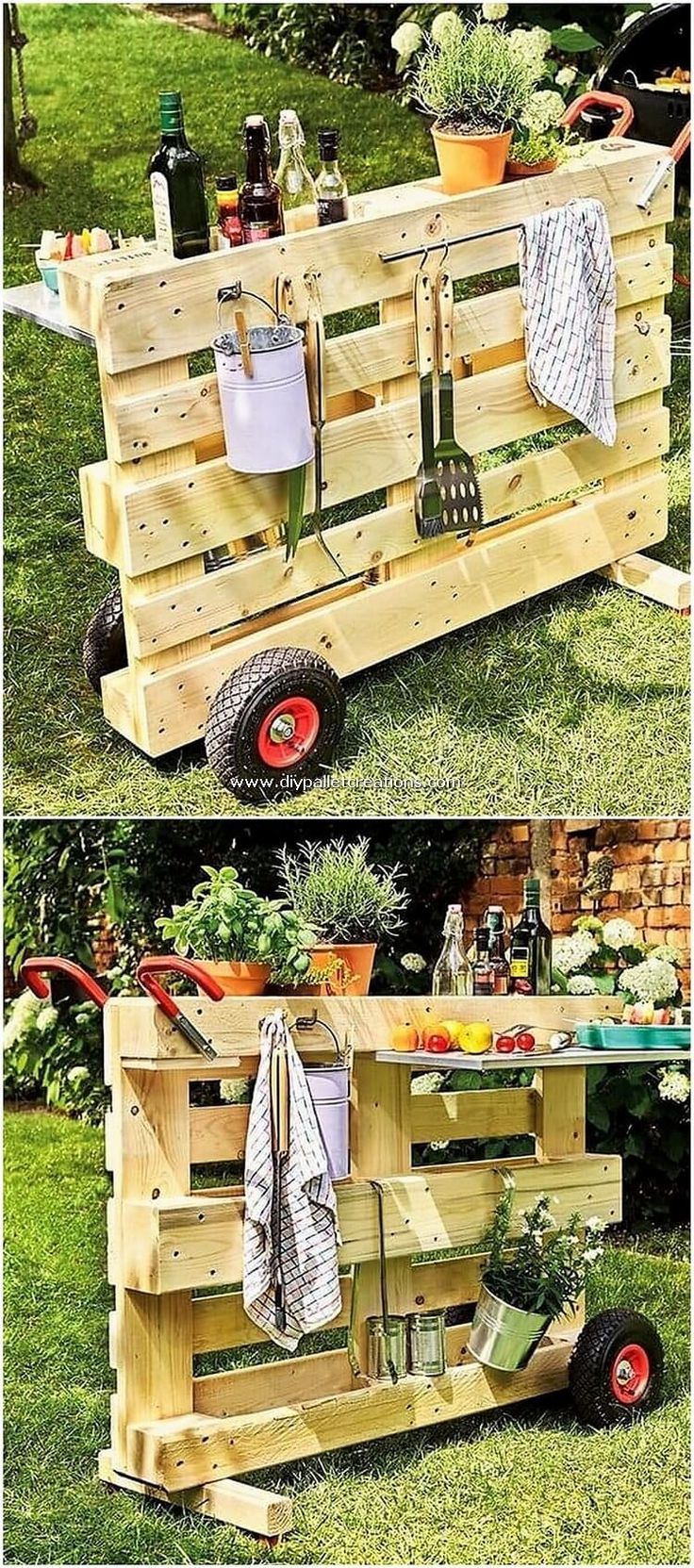 an outdoor bar made out of wooden pallets with gardening utensils on it