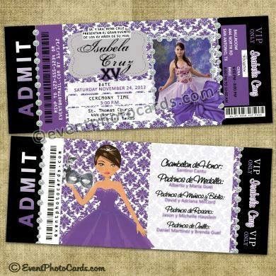 Purple and White Ticket Style Quinceañera Invitations