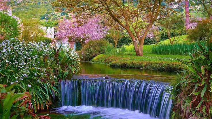 a small waterfall in the middle of a lush green park with trees and flowers around it