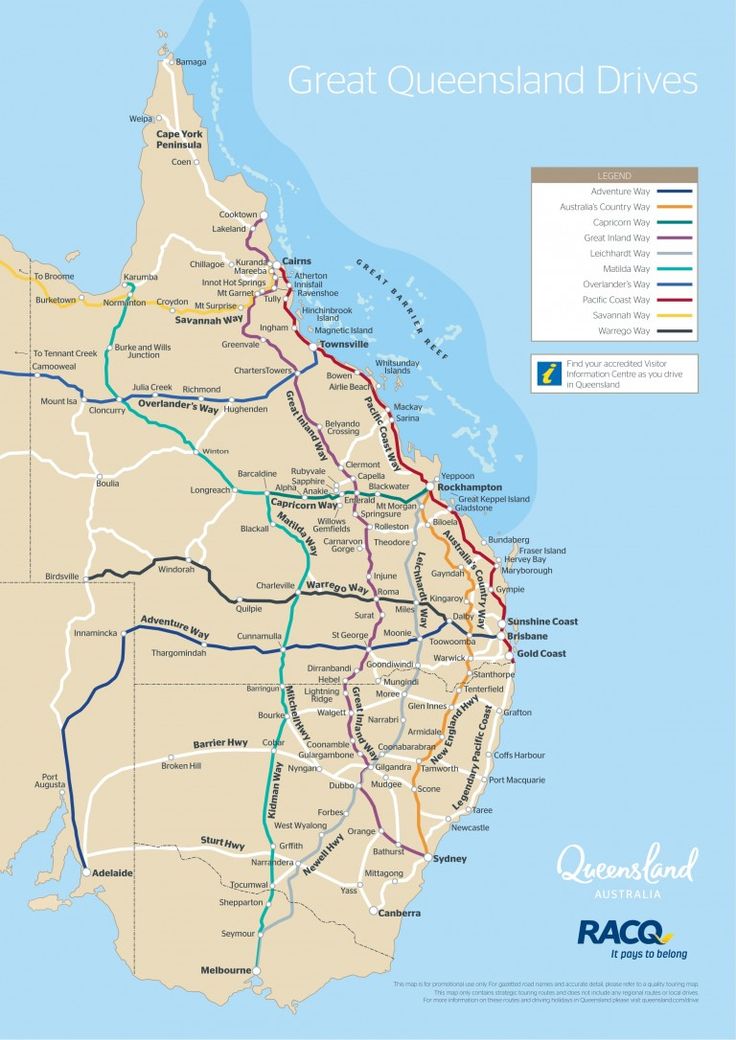 a map of the great queensland drives with roads and major cities in each country's borders