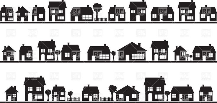 black and white silhouettes of houses with trees on the sides, in different directions