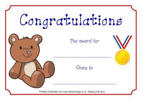 a certificate with a teddy bear on it