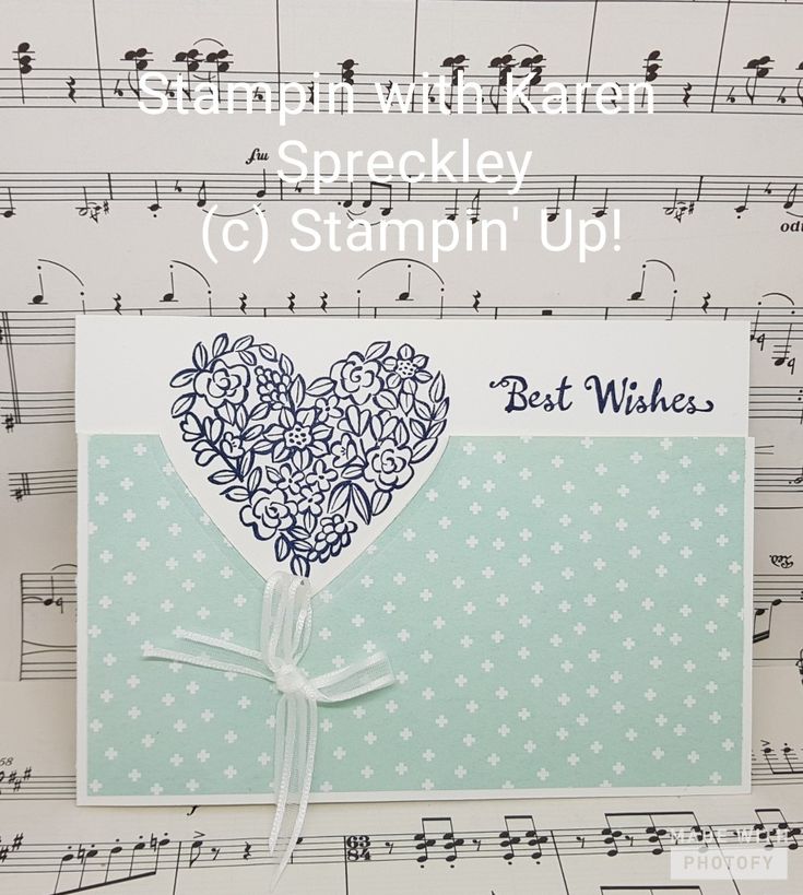 a card with a heart made out of flowers on top of sheet music paper and the words, stampin with karem spreckley c stampin up