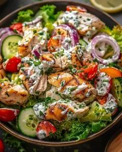 a salad with chicken, cucumber, tomatoes and onions in a brown bowl