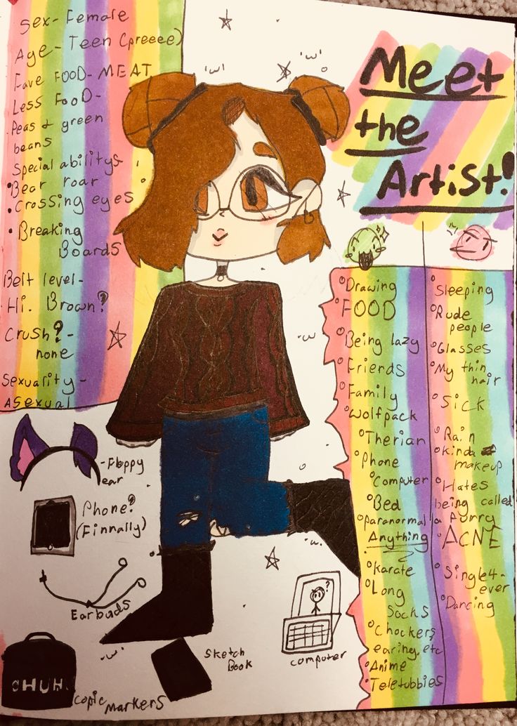 a drawing of a girl with glasses on her head and the words meet the artist