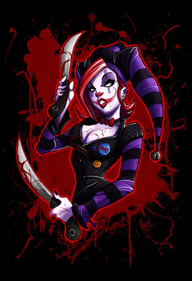 a creepy clown holding a knife with blood splatters all over her body and face