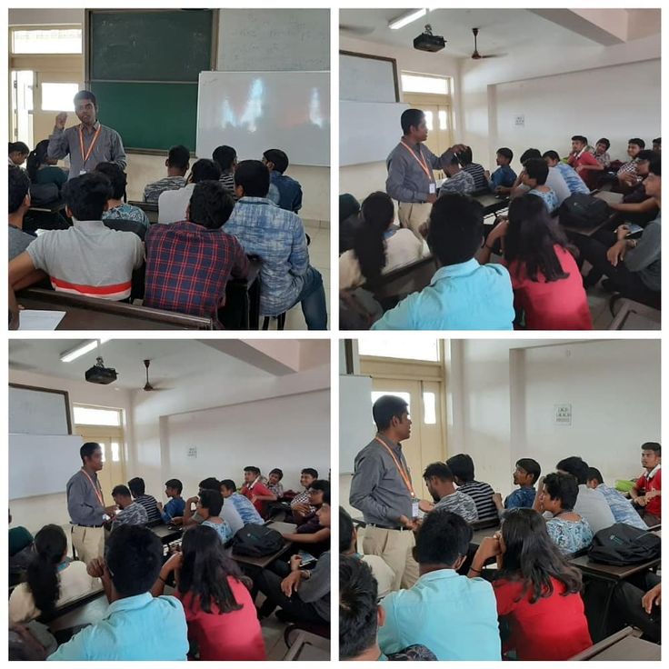 several pictures of people sitting at desks in front of a projector screen and one man standing up