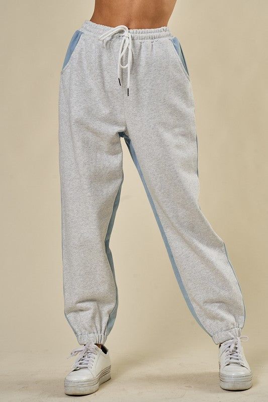 Denim Contrast Detail Sweatpants with drawstring Fits true to size. Model wears a size small. Sweatpants Fits, Cambodia, Set Dress, Apparel Accessories, Lounge Wear, Sweatpants, How To Wear, Tracksuit Bottoms